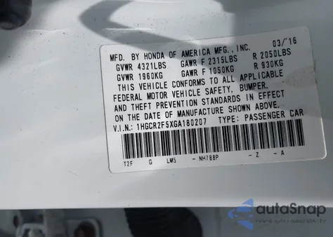 2016 Honda Accord Sport из США, поврежденный, VIN 1HGCR2F5XGA180207